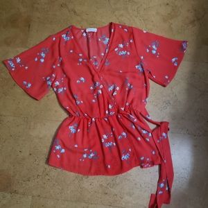 Sienna Sky Red Floral Blouse Tie Waist Women's S
